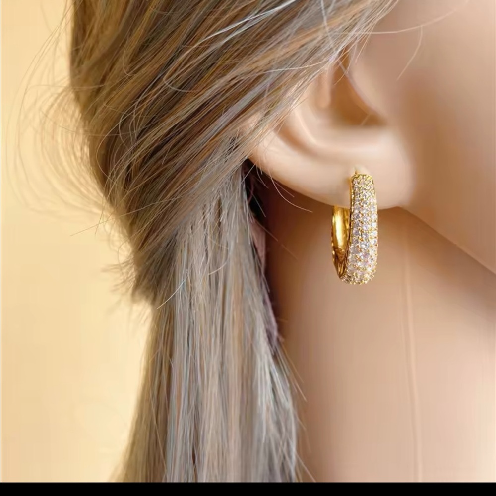 Gold CZ Huggie Hoop Earrings – Pave Crystal Mini Hoops Elegant Everyday Jewelry - Picture 3 of 3